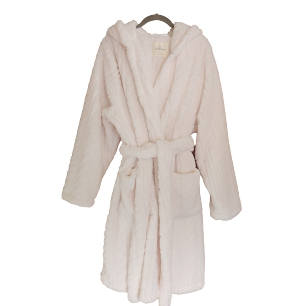 CUDDL DUDS SHORT JACQUARD CABLE PLUSH CREAMY IVORY HOODED ROBE XL NWT